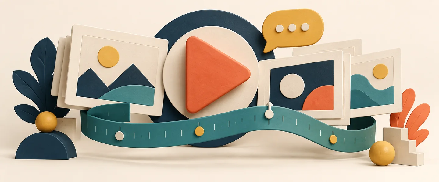 Ilustrasi storyboard, tombol video, dan pita timeline