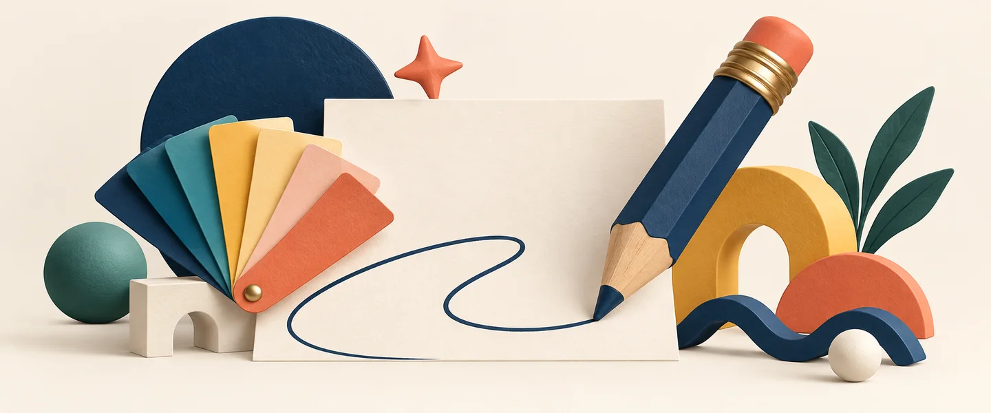 Ilustrasi pensil, palet warna, dan bidang desain